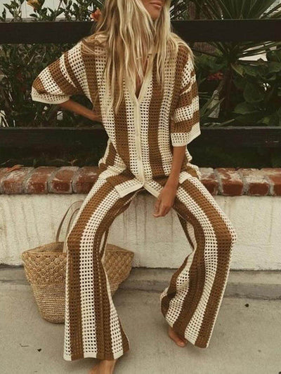 Eleanor - Striped Hollow Out Top And Pants Set
