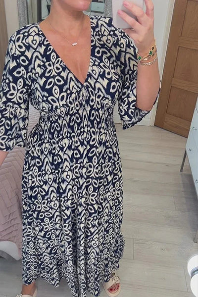 Bohemian lässiges Druck V-Ausschnitt Taillenwickel Maxikleid