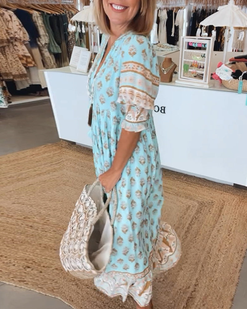 Modena™ | Lässiges bedrucktes V-Ausschnitt Kleid mit halben Ärmeln