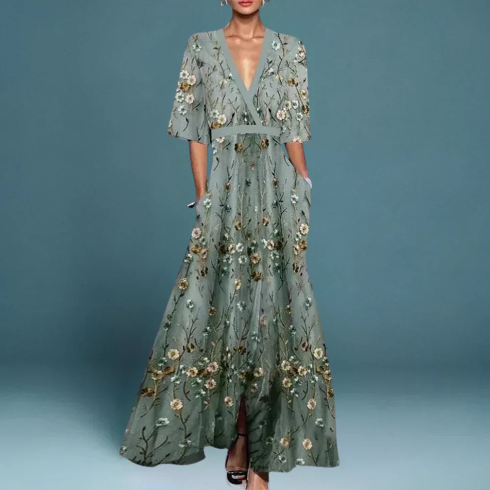 Ruby | Geknöpftes V-Ausschnitt Blumen Maxi Kleid