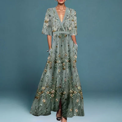 Ruby | Geknöpftes V-Ausschnitt Blumen Maxi Kleid
