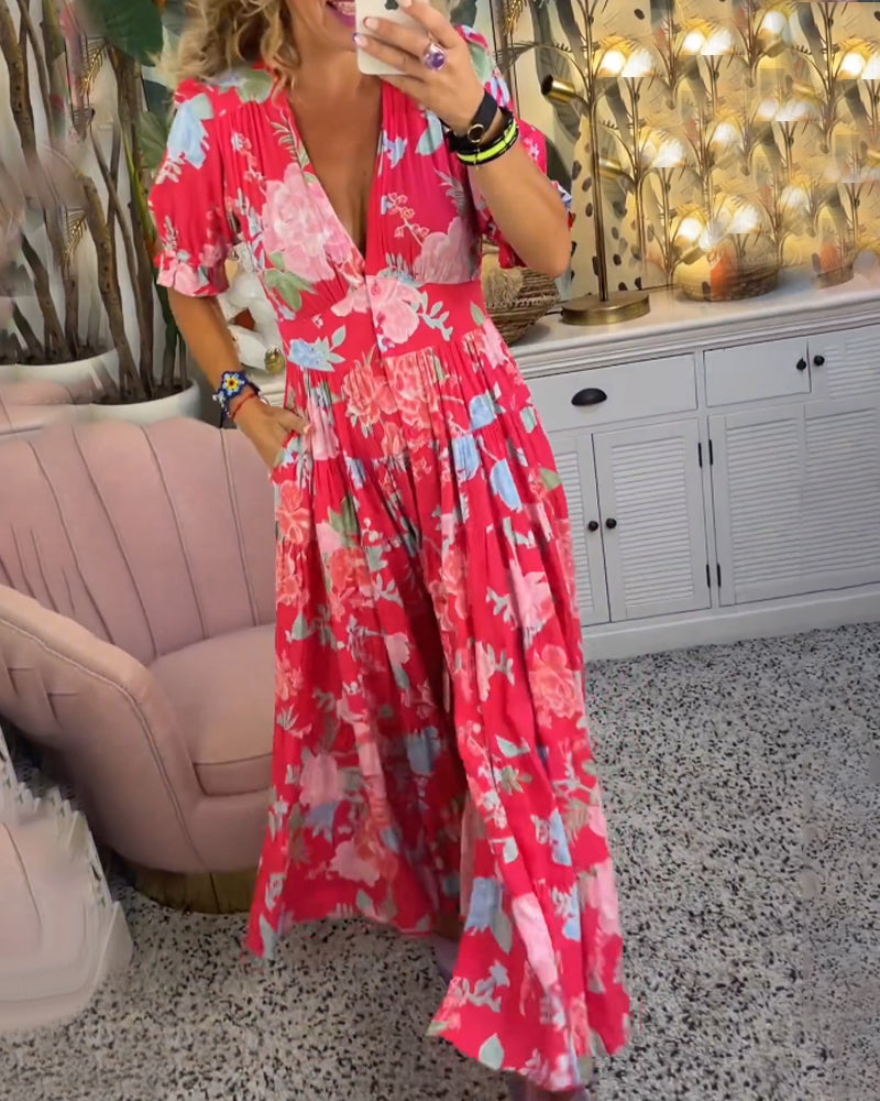 Catrisa™ | Blumendruck V-Ausschnitt Kleid mit Taschen