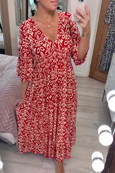 Bohemian lässiges Druck V-Ausschnitt Taillenwickel Maxikleid