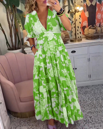 Catrisa™ | Blumendruck V-Ausschnitt Kleid mit Taschen