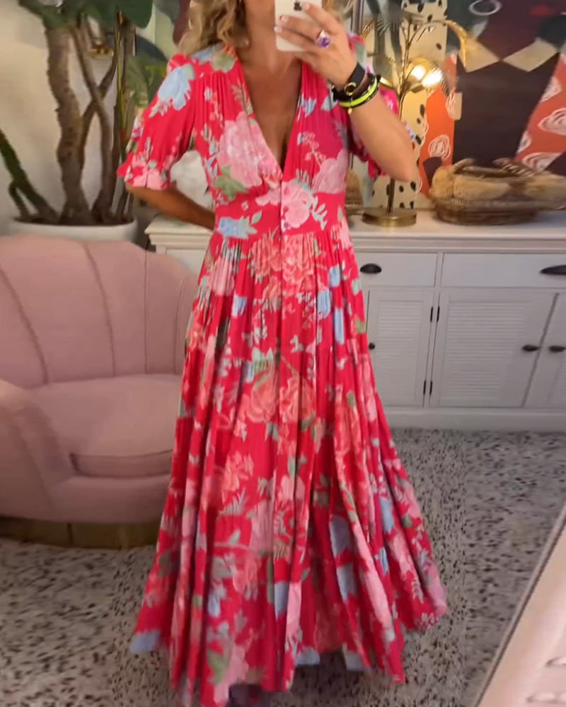 Catrisa™ | Blumendruck V-Ausschnitt Kleid mit Taschen