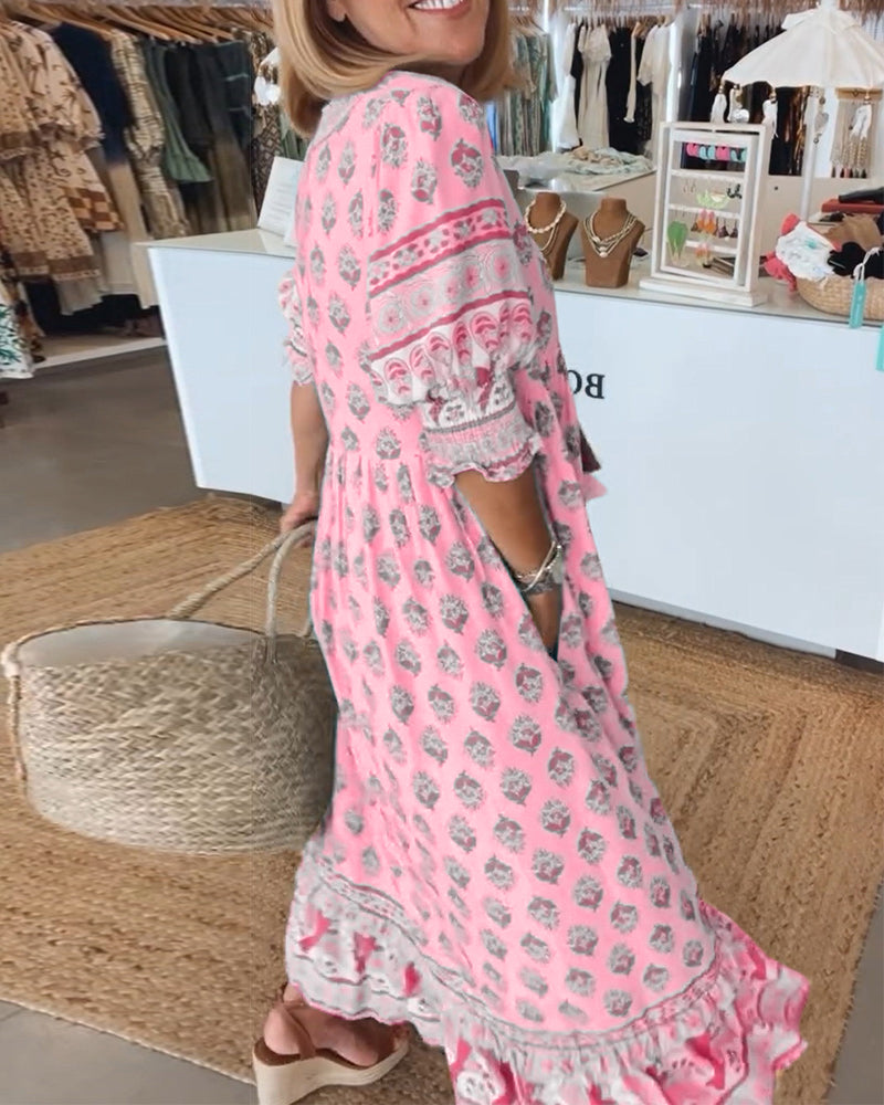 Modena™ | Lässiges bedrucktes V-Ausschnitt Kleid mit halben Ärmeln