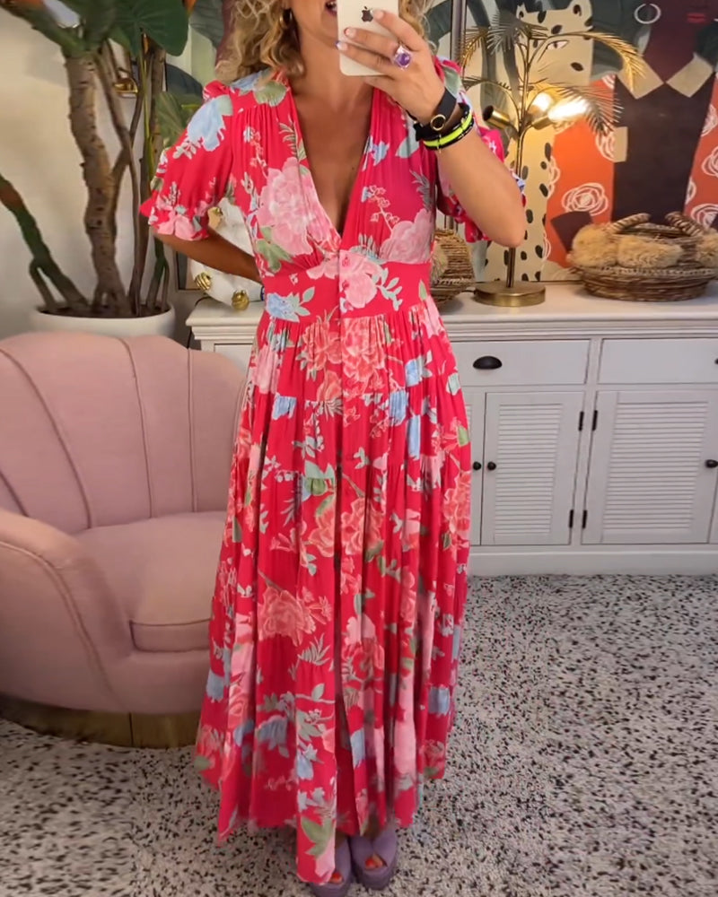 Catrisa™ | Blumendruck V-Ausschnitt Kleid mit Taschen