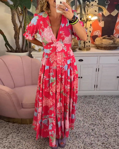 Catrisa™ - Floral Print V-Neck Pocket Dress
