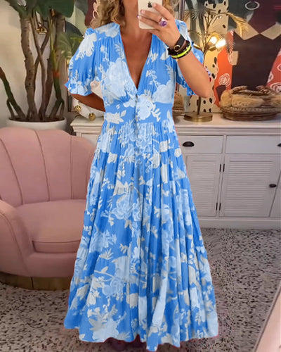 Catrisa™ | Blumendruck V-Ausschnitt Kleid mit Taschen