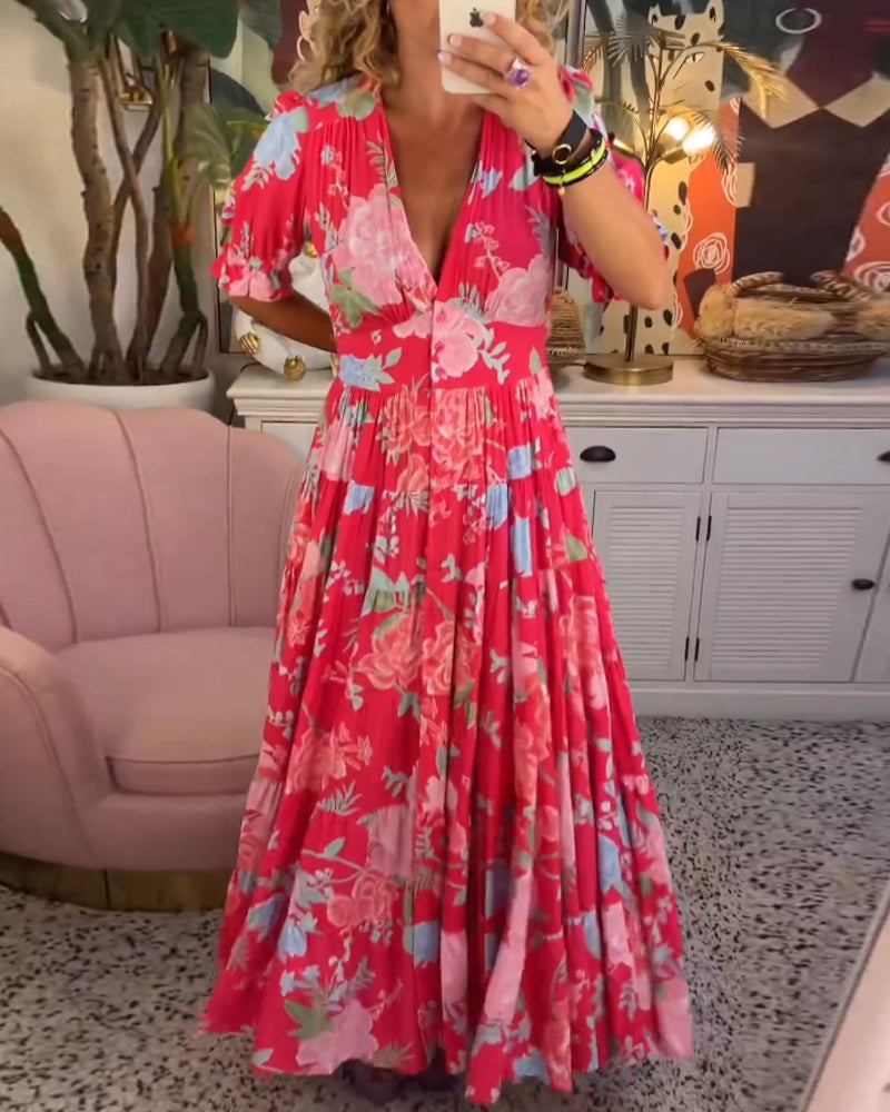 Catrisa™ | Blumendruck V-Ausschnitt Kleid mit Taschen