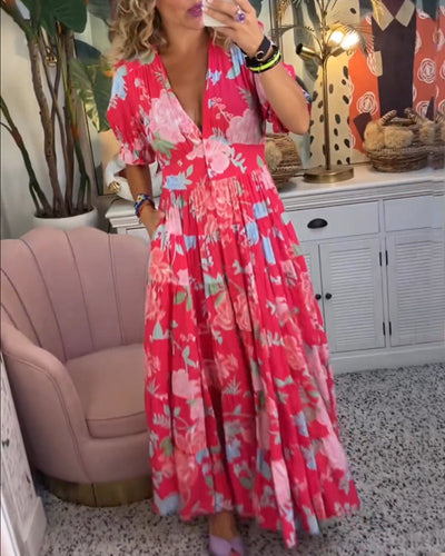 Catrisa™ | Blumendruck V-Ausschnitt Kleid mit Taschen