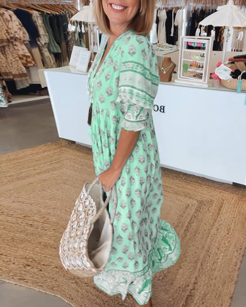 Modena™ - Lässiges bedrucktes V-Ausschnitt-Kleid mit halben Ärmeln