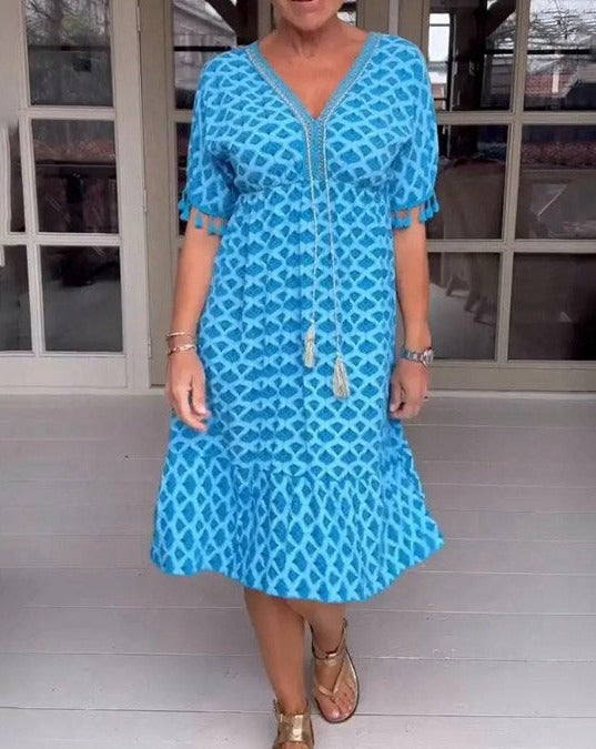 Aisha™ | Bequemes, lockeres V-Ausschnitt Midi-Kleid