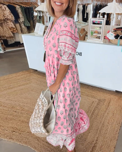 Modena™ | Lässiges bedrucktes V-Ausschnitt Kleid mit halben Ärmeln