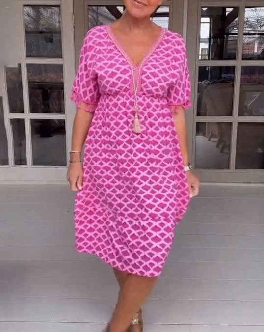 Aisha™ | Bequemes, lockeres V-Ausschnitt Midi-Kleid
