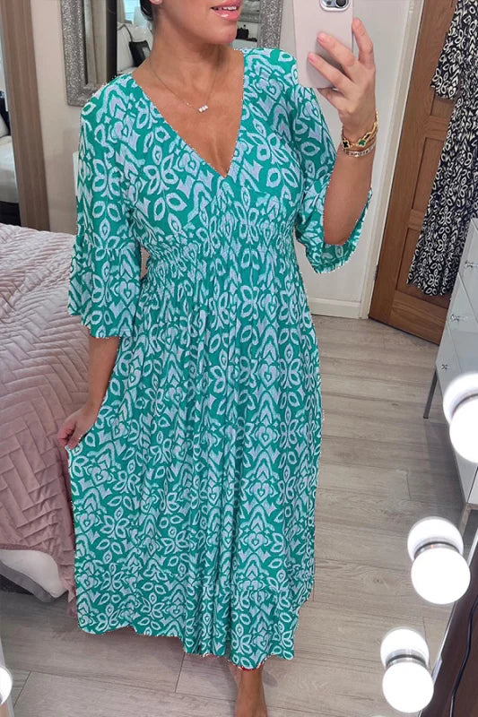 Bohemian lässiges Druck V-Ausschnitt Taillenwickel Maxikleid