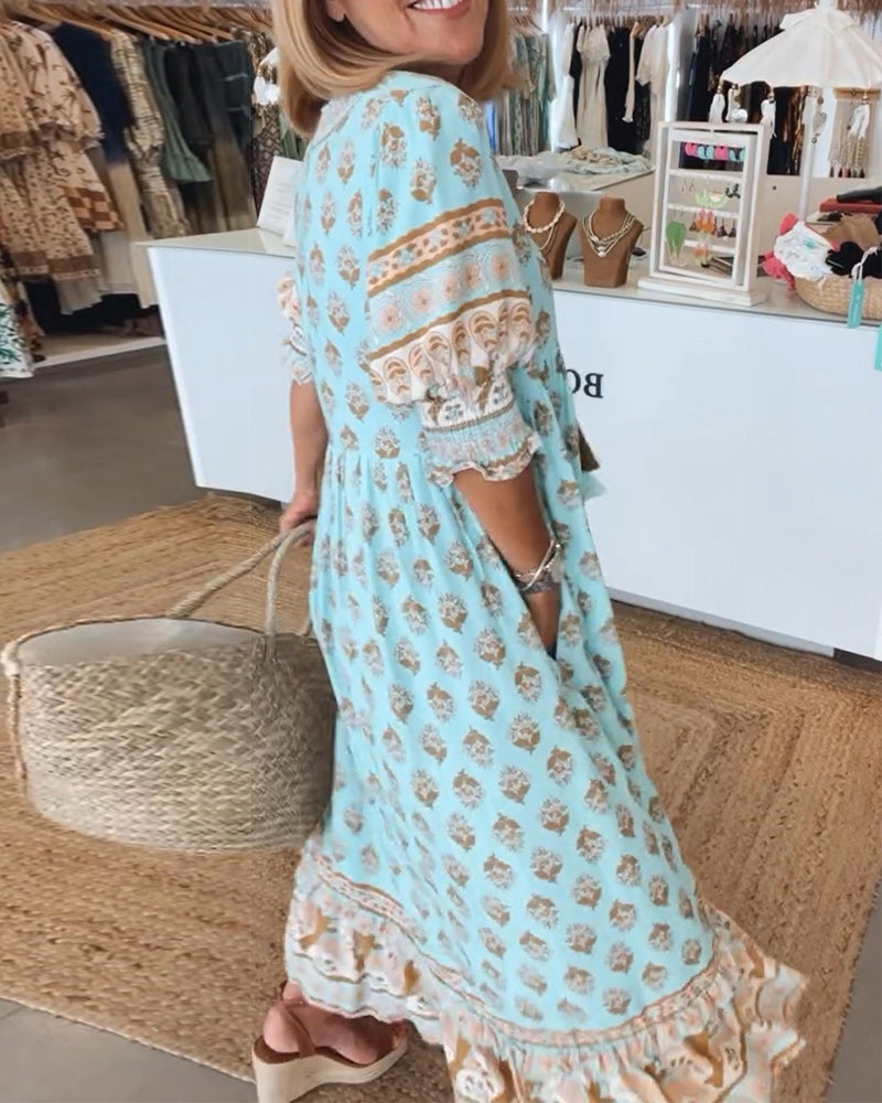 Modena™ - Lässiges bedrucktes V-Ausschnitt-Kleid mit halben Ärmeln
