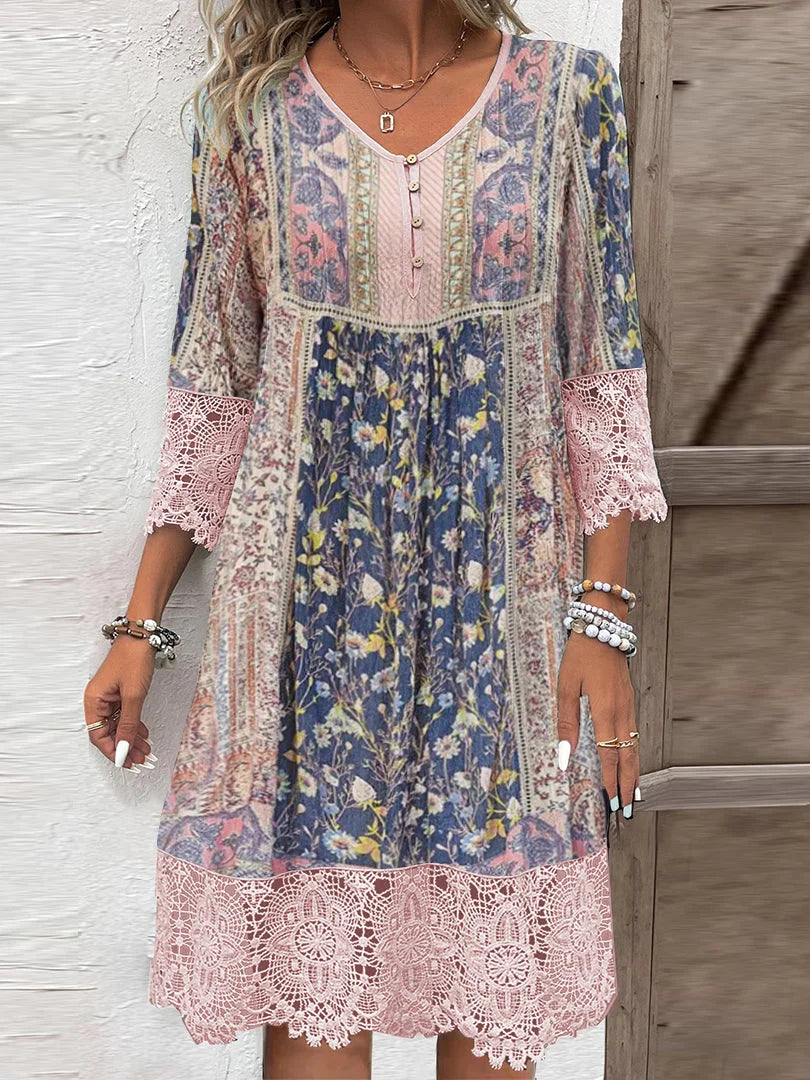 Rebeca™ - Dress with Vintage Print and Lace
