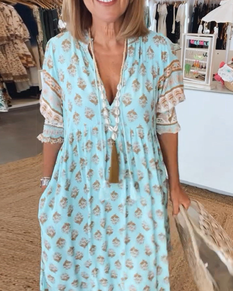 Modena™ - Lässiges bedrucktes V-Ausschnitt-Kleid mit halben Ärmeln