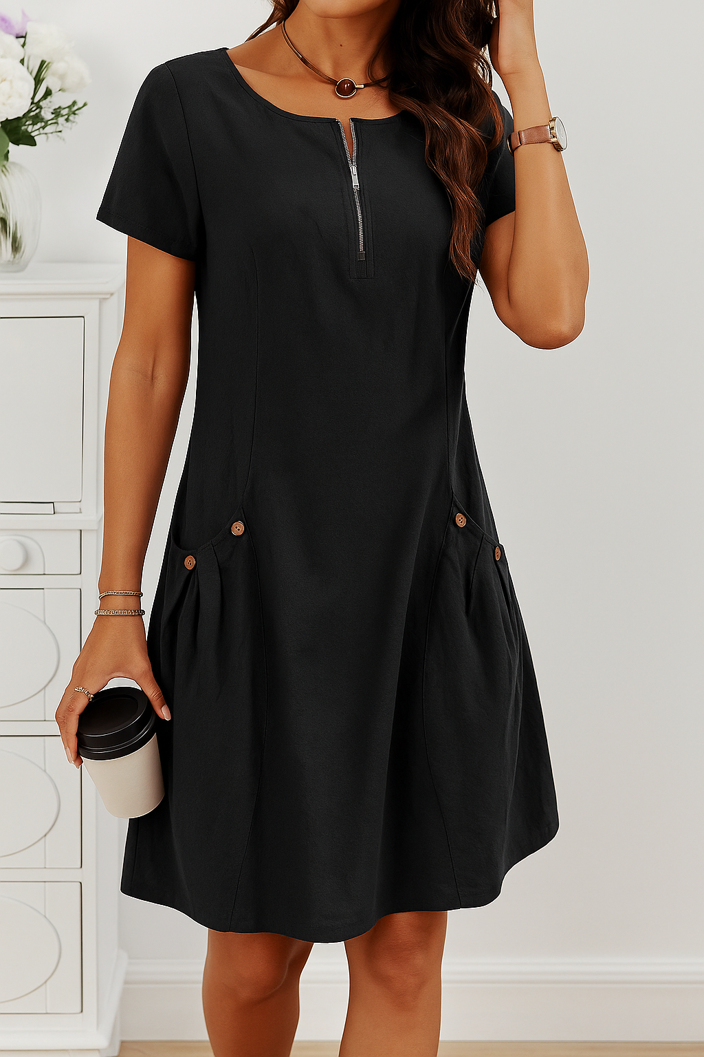 Rudina - Elegantes Kurzärmeliges Baumwollkleid Mit Taschen