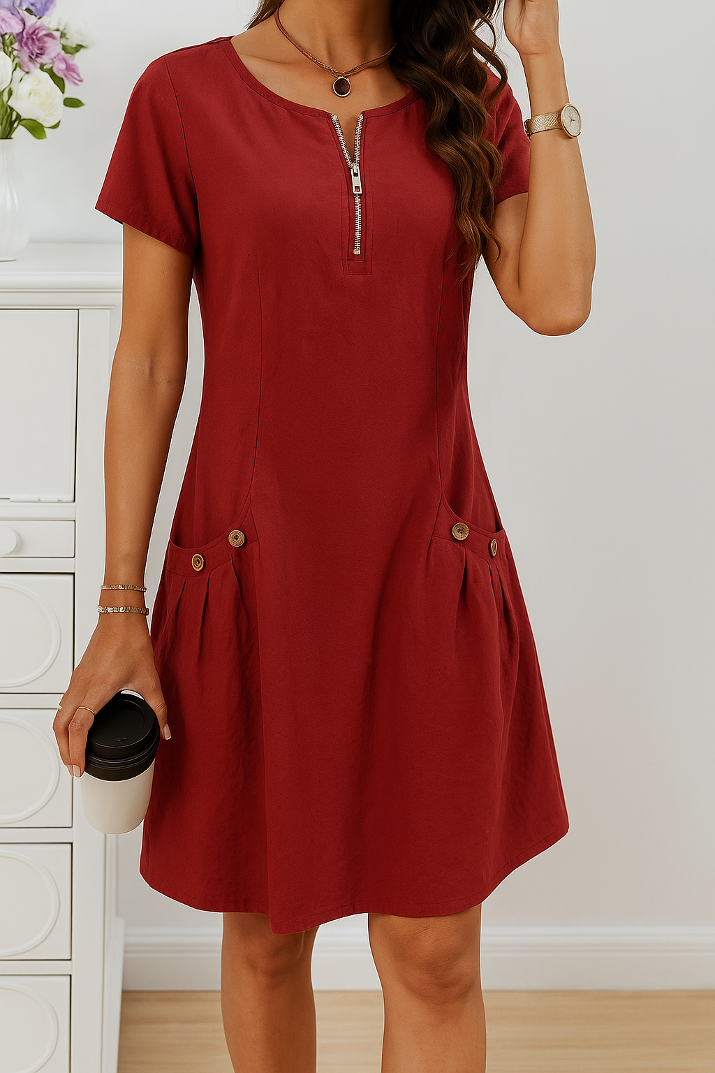 Rudina - Elegantes Kurzärmeliges Baumwollkleid Mit Taschen
