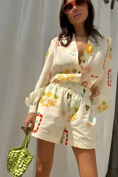 Alexa - Bedrucktes Langarmshirt und Shorts-Set