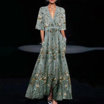 Ruby | Geknöpftes V-Ausschnitt Blumen Maxi Kleid