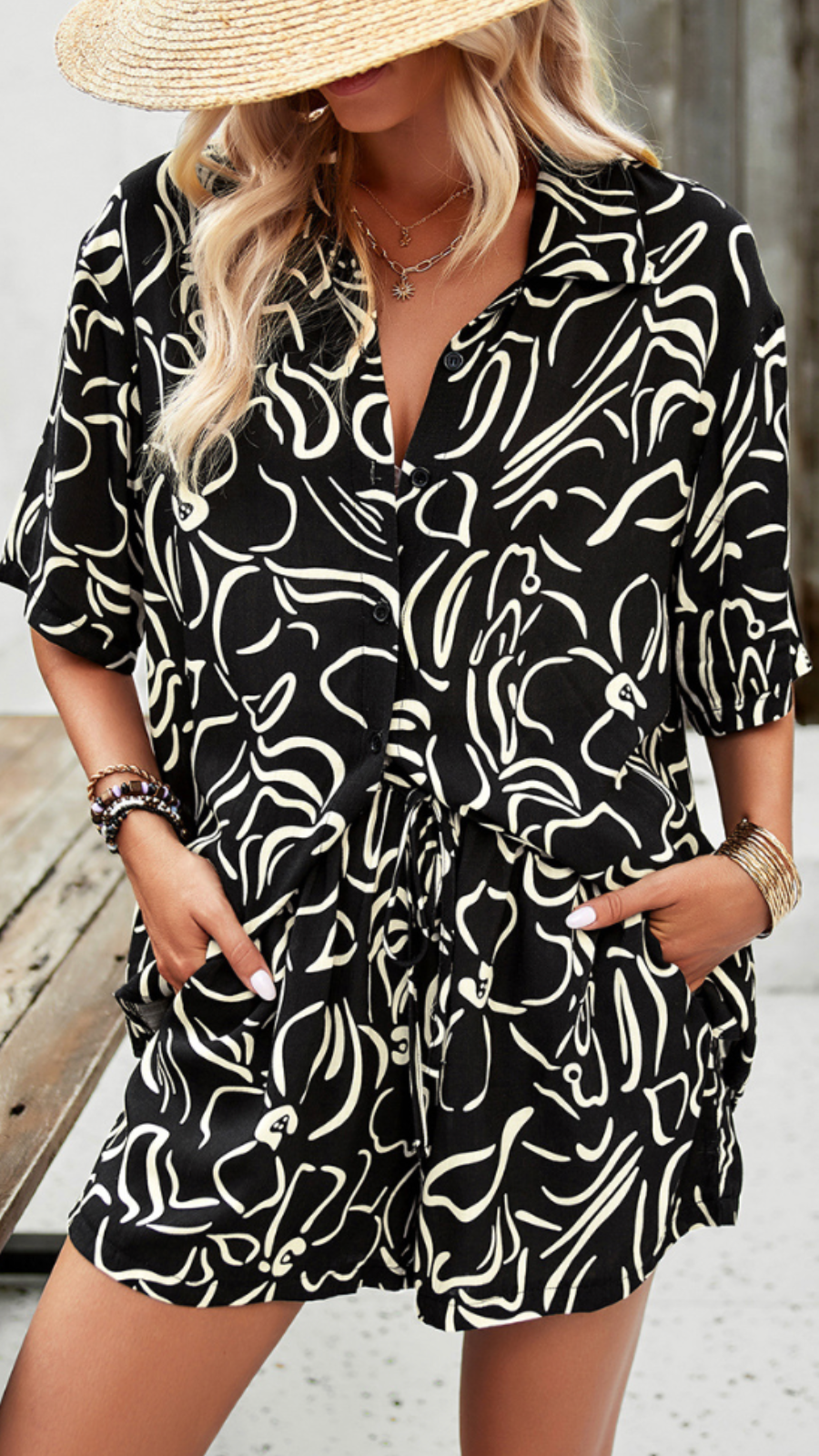 Carmen - Sommer Floral Bedrucktes Hemd und Shorts Set