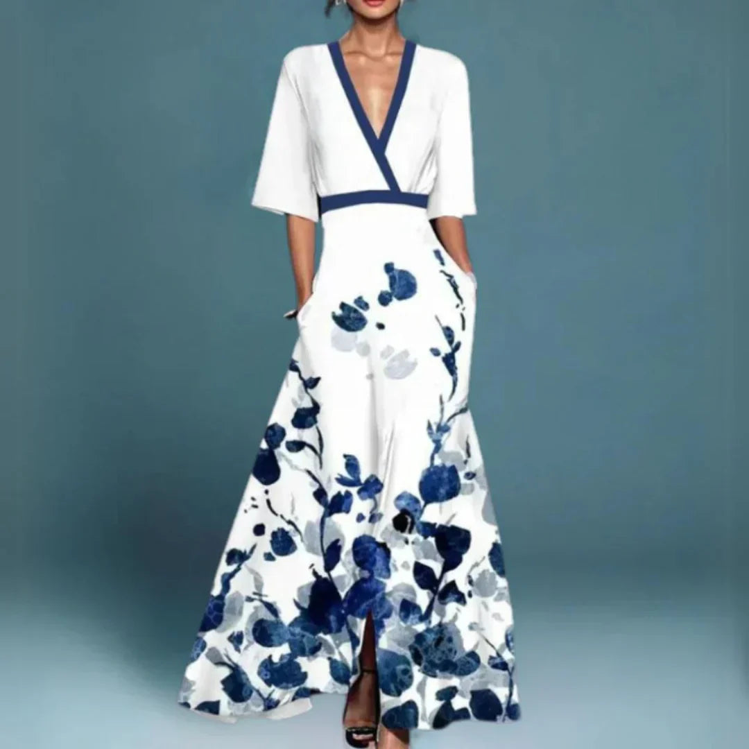 Ruby | Geknöpftes V-Ausschnitt Blumen Maxi Kleid