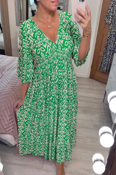 Bohemian lässiges Druck V-Ausschnitt Taillenwickel Maxikleid