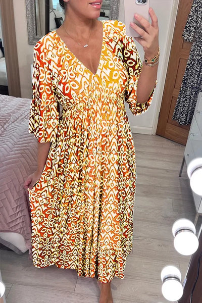 Bohemian lässiges Druck V-Ausschnitt Taillenwickel Maxikleid