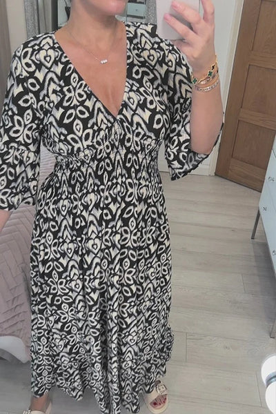 Bohemian lässiges Druck V-Ausschnitt Taillenwickel Maxikleid