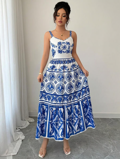 Wendy - Blue Print Sling Maxi Dress