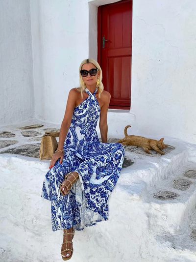 Dyann - Halter Retro Printed Backless Maxi Dress